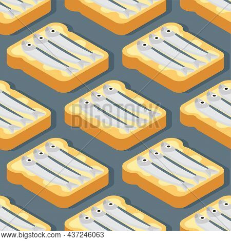 Herring Bread Pattern Seamless. Toast With Fish Ornament. Piece Of Bread With Fish Background. Food 