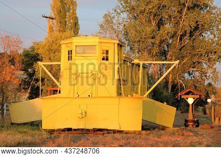 October 8, 2021 In Olene, Or:  Vintage Rail Snow Dozer Plow Built During 1941 On Display At The Olen