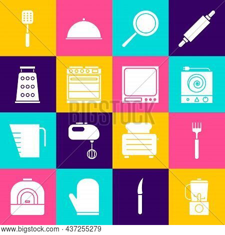 Set Blender, Fork, Electric Stove, Frying Pan, Oven, Grater, Spatula And Electronic Scales Icon. Vec