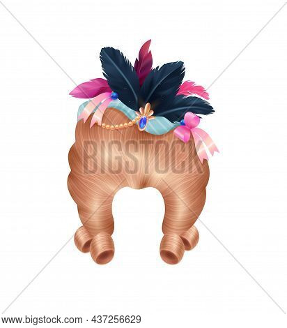 Realistic Rococo Women Wig Vintage Composition With Isolated Image Of Fleecy Hair With Flowers And F