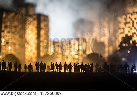 Cartoon Style City Buildings. Realistic City Building Miniatures With Lights. Background.