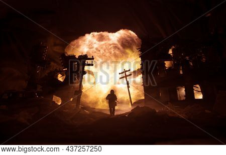 Nuclear War Concept. Explosion Of Nuclear Bomb. Creative Artwork Decoration In Dark.