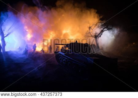 War Concept. Military Silhouettes Fighting Scene On War Fog Sky Background, World War Soldiers Silho