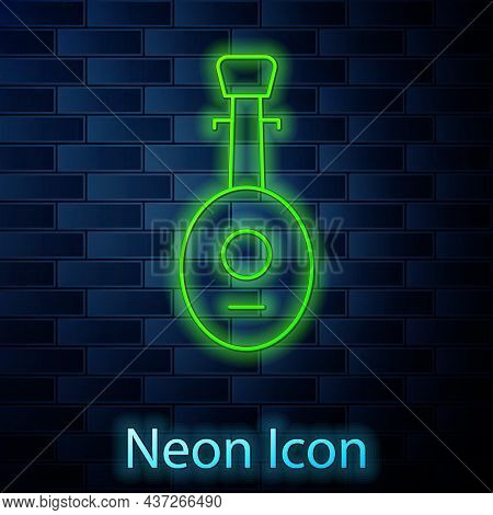 Glowing Neon Line Musical Instrument Lute Icon Isolated On Brick Wall Background. Arabic, Oriental, 