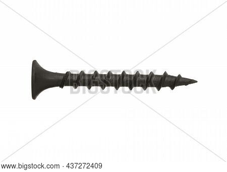 Self-tapping Screw For Wood Made Of Black Metal Isolated On A White Background.