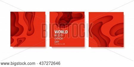 World Blood Donor Day Poster In Paper Cut Style. 3d Red Background With Liquid Waves. Vector Card Il
