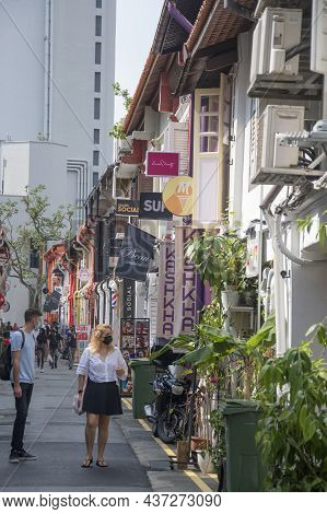 Singapore- 24 Oct, 2021: Unidentified People Visit Haji Lane In Singapore. Haji Lane Is Popular For 