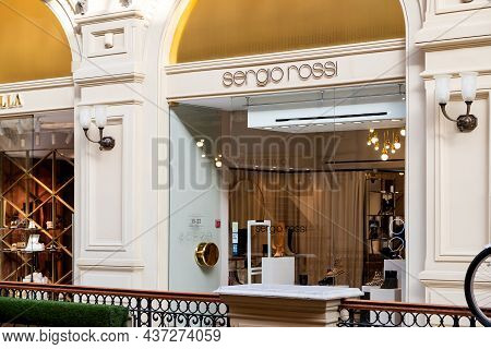 Moscow, Russia - October  14, 2021:   Window Of A Sergio Rossi Store. Show Window Of  Sergio Rossi  