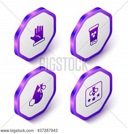 Set Isometric Beekeeper Glove, Cosmetic Tube With Honey, And Honeycomb And Type Of Bee Icon. Purple 