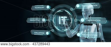 It Consultant Presenting Tag Cloud About Information Technology. Robot Pressing Button On Virtual Sc