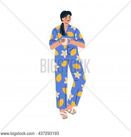 Woman In Comfy Pajamas With Morning Coffee Cup. Female In Fashion Home Clothes, Sleepwear And Cozy S