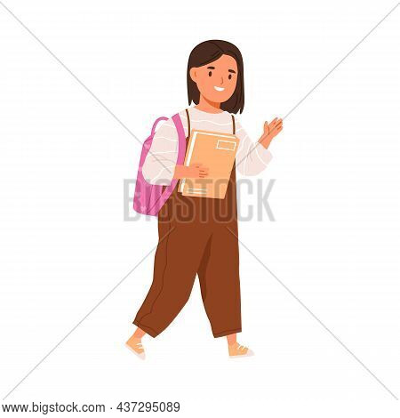 School Girl Walk With Schoolbag And Book. Happy Child With Backpack Going, Greeting Smb With Hi Gest