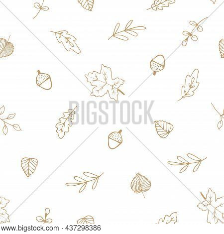 Hand Drawn Brown Autumn Foliage Seamless Pattern. Monochrome Vector Illustration For Baby Textile, F