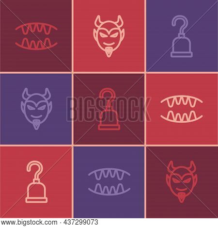 Set Line Vampire Teeth, Pirate Hook And Devil Head Icon. Vector