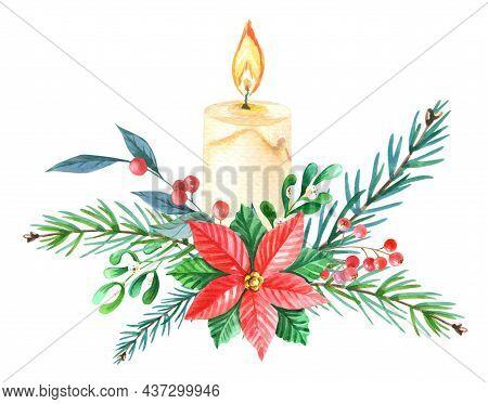 Watercolor Christmas Composition With Red Poinsettia Flower, Candle, Green Pine Branches