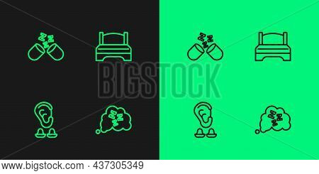 Set Line Sleepy, Earplugs And Ear, Sleeping Pill And Big Bed Icon. Vector