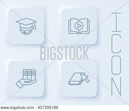 Set Line Graduation Cap On Globe, Audio Book, Book Donation And Online. White Square Button. Vector