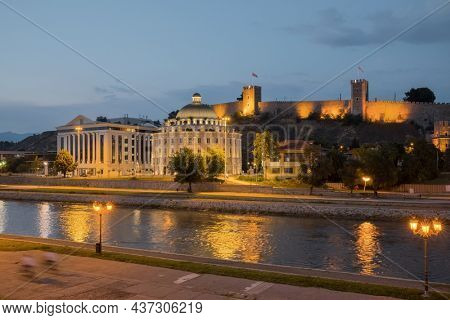Skopje Fortress and head office of Water Supply and Sewerage of Sopje at night, Northern Macedonia.