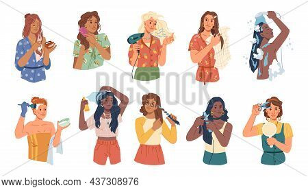 Woman Hair-care Procedures Flat Cartoon Set. Vector Cutting, Coloring, Washing, Brushing And Care Ab