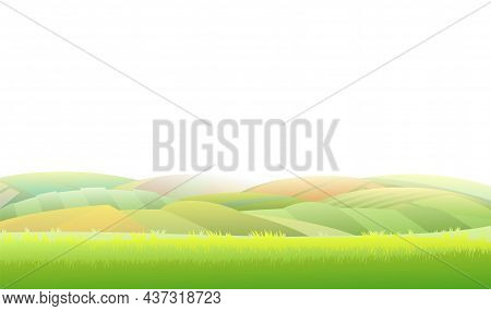 Spring Juicy Meadow. Isolsted On White Background. Rural Landscape With Grass And Orchard Farmer Hil