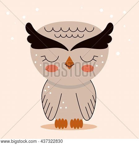Cute Little Owl In Cartoon Flat Style. Forest Animals And Wild Birds. Vector Illustration For Nurser