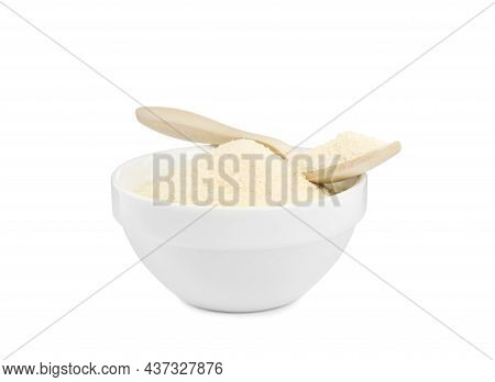 Gelatin Powder In Spoon And Bowl Isolated On White
