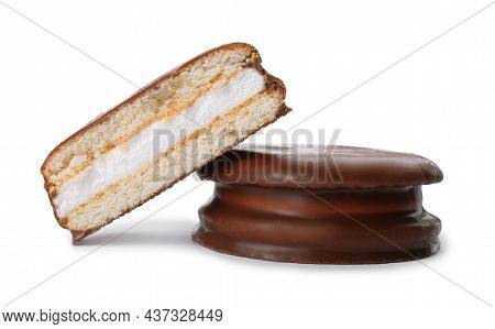 Delicious Choco Pies On White Background. Classic Snack Cakes