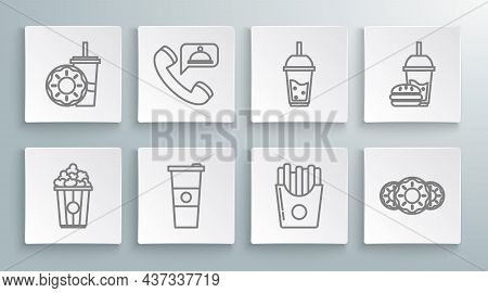 Set Line Popcorn In Cardboard Box, Food Ordering, Paper Glass And Water, Potatoes French Fries Carto