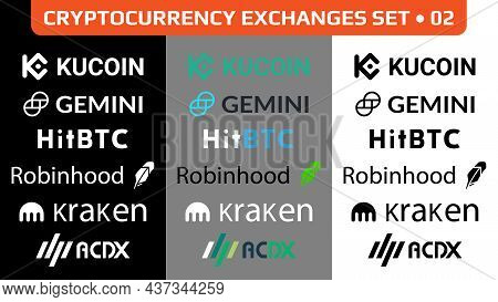 Set Of Cryptocurrency Exchanges Logo, Digital Stock Market Symbols Icons Isolated In Monochrome And 