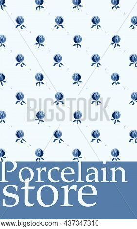 Vector Poster Template For Porcelain Store With Cobalt Flowers Motif