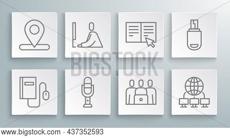 Set Line Electronic Book With Mouse, Student Working At Laptop, Microphone, Online Class, Computer N
