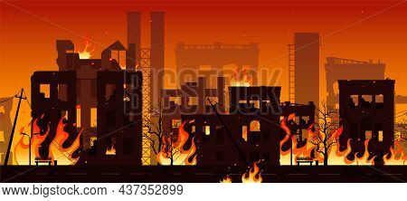 Burning City Ruins In Fire, Destroyed Town Houses, War Or Natural Disaster Background. Vector Illust