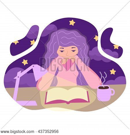 Vector Illustration Of A Young Girl Reading A Book Carefully At Night Under The Light Of A Lamp