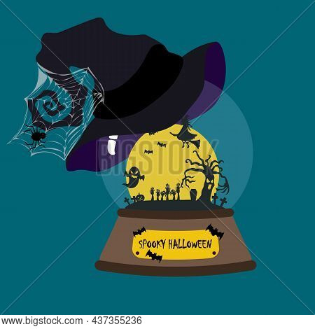 Halloween Illustration In Snowglobe With Witch Hat