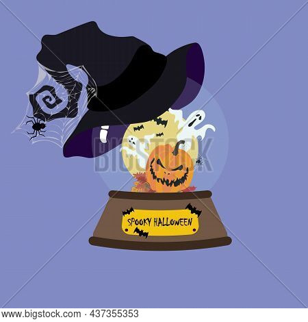 Halloween Pumpkin In Snowglobe With Witch Hat