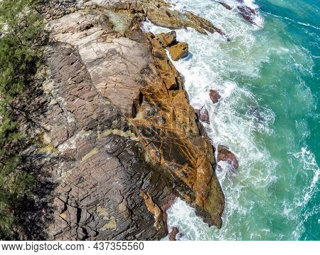 Aerial View With Waves, Rocks And Pine Trees