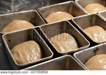 Uncooked Bread In The Form Of Dough Is Placed In Bread Tins Before Baking. Craft Bread. Kravtovoe Pr