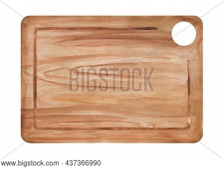 Сlassic Wooden Cutting Board. Kitchen Utensils, Watercolor Illustrationon Isolated White Background
