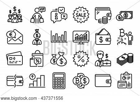 Vector Set Of Businessman Case, Dollar Money And Bitcoin Project Line Icons Set. Calendar Report, Mo