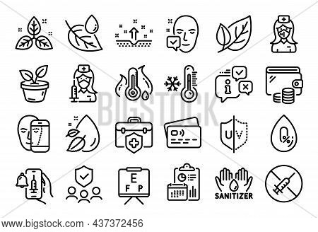 Vector Set Of Leaf Dew, Uv Protection And Face Biometrics Line Icons Set. Calendar Report, Money Wal