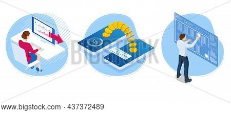 Isometric Business To Business Marketing, B2b Solution, Business Marketing Concept. Person Paying Wi