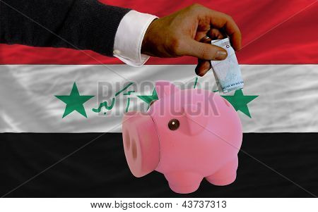 Funding Euro Into Piggy Rich Bank National Flag Of Iraq