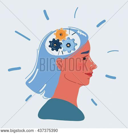 Vector Illustration Of Cog Wheels Inside A Womans Head