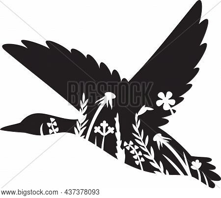 Flying Mallard Duck And Reeds Vector Illustration