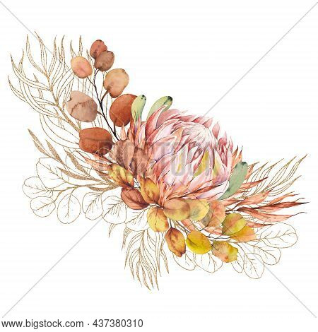 Exotic Protea Flower And Eucalyptus Bouquet. Watercolor And Gold Line Illustration Isolated On White