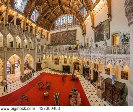 UTRECHT, NETHERLANDS - FEBRUARY 27, 2020: De Haar Castle in the main Hall. The castle dates from 1391 and was restored by the Rothchilds in 1892.