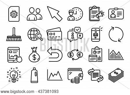 Vector Set Of Shampoo, Mouse Cursor And Undo Line Icons Set. Calendar Report, Money Wallet And Credi