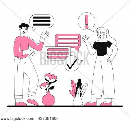 Information Sharing Concept. Girl And Man Tell Each Other News. Discussion Of Events. Friends Talkin