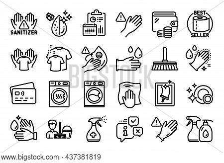 Vector Set Of Medical Cleaning, Dirty Mask And Washing Hands Line Icons Set. Calendar Report, Money 