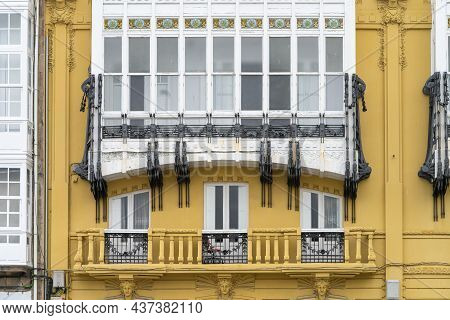 Modernist Building Detail In The Galician City Of A Coruna, In Spain.